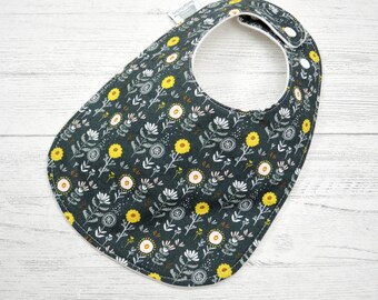 Black floral Baby Bib: Organic Cotton Fleece Backing, Adjustable Snaps