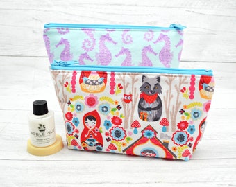 Kids Toiletry bag, kids wash bags, toothbrush case, zippered pouch, makeup bag, Little Red Riding Hood, Seahorse, pretty bags, girls bags,