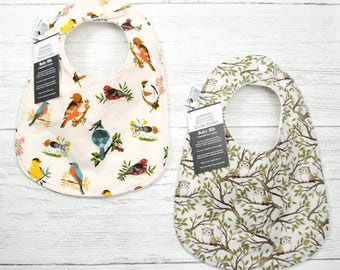 Birds and owl Baby Bib: Organic Cotton Fleece, Gender Neutral Animal Print