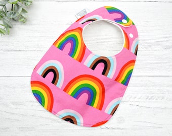 Rainbow Pride Baby Bib: Organic Cotton Fleece, Adjustable Snaps