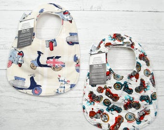 Motorcycles and scooters baby bibs, Organic Cotton Fleece Backing, 3-24 Months