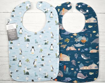 XL Toddler Bib: ocean life and birds Print, Self-Feeding & Special Needs