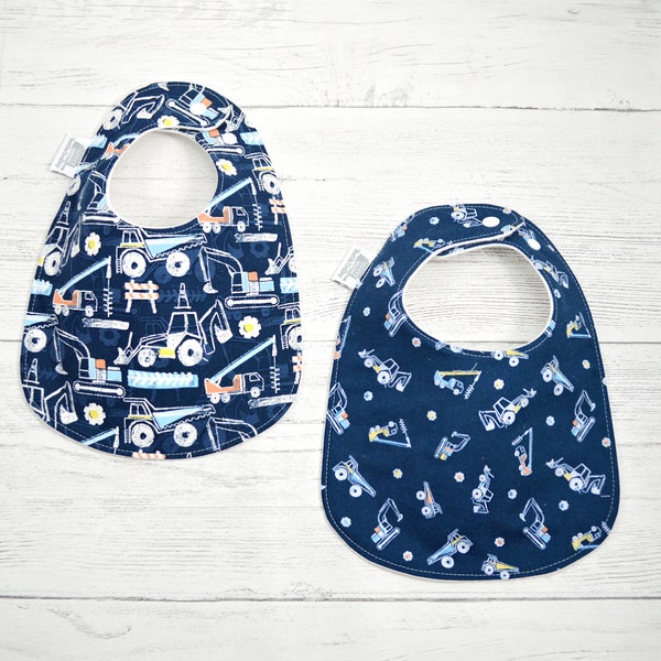 Baby Bib, food bib, feeding bib, drool bib, triple layered bib, multi snap bib, cotton bib, navy blue bibs, construction vehicles baby bib