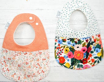 Floral Baby Bib, 3 layers, Quilting cotton, flannel and Organic Cotton Fleece Backing, 3-24 Months