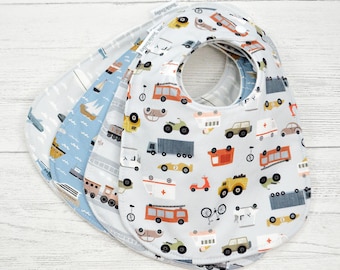 Construction Vehicles Baby Bib: Organic Cotton Fleece, Multi-Snap
