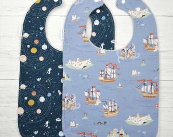 XL Toddler Bib: Sailboats and space, Self Feeding, Special Needs