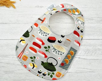 Sushi baby bib, food lover, raw fish bib, Japanese bib, newborn baby gift, baby shower gift, gift under 20, feeding bib, thick absorbent bib