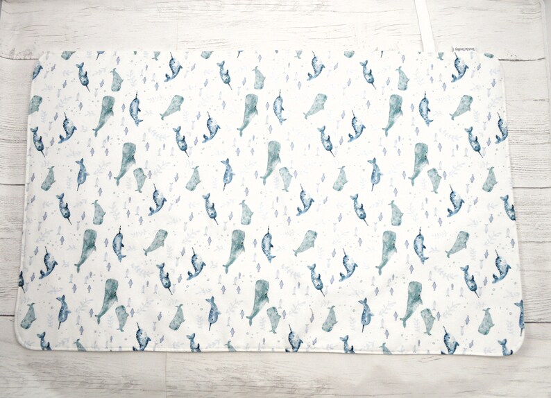 Changing mat, changing pad, travel changing mat, diaper changing, nautical travel mat, waterproof changing mat, sea turtle, whales, narwhals image 7