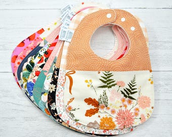 Patchwork Baby Bib: Organic Cotton Fleece, floral prints