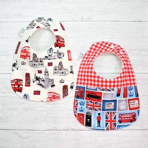 Baby Bib, British, Baby, Bib, London, London bib, union jack, U.K. England, taxi, bus, gender neutral, triple layered, 3 mths to 2 yrs+ OOAK