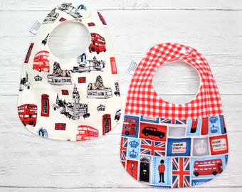 Baby Bib, British, Baby, Bib, London, London bib, union jack, U.K. England, taxi, bus, gender neutral, triple layered, 3 mths to 2 yrs+ OOAK