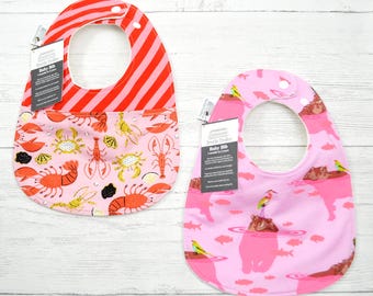 Red Lobster and Pink hippos Baby Bib: Organic Cotton Fleece, Gender Neutral Animal Print