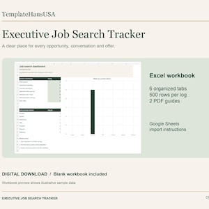 May include: Executive Job Search Tracker digital download featuring an Excel workbook with 6 organized tabs, 500 rows per log, and 2 PDF guides. The dashboard displays job search metrics, application status, and a bar chart for roles by current status.