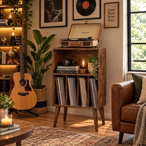 May include: A brown wood-grain vinyl record storage cabinet with four vertical compartments for records, a top shelf holding a Crosley turntable, headphones, a small lamp, and a potted plant, all supported by four tapered wooden legs.