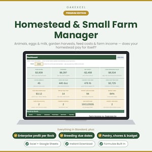 Puede incluir: Un panel digital titulado Homestead & Small Farm Manager en la pantalla de una computadora portátil. La interfaz muestra tablas de datos para ingresos agrícolas, gastos, beneficio neto, animales, huevos, peso de cosecha y costos para el año 2026.