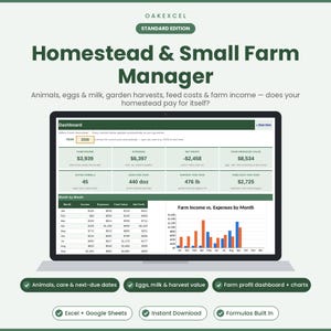 Puede incluir: Un panel digital titulado Homestead & Small Farm Manager de OAKEXCEL en la pantalla de un portátil. La interfaz muestra tablas de datos y gráficos que rastrean los ingresos, gastos, beneficios y cosechas de la granja en libras.