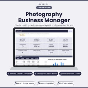 May include: A digital Photography Business Manager dashboard for Excel and Google Sheets. The interface displays financial metrics like revenue, profit, and expenses, alongside booking data, monthly charts, and a 2026 year selector for tracking.