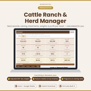 Puede incluir: Un panel digital de Cattle Ranch & Herd Manager mostrado en una pantalla de portátil. La interfaz presenta métricas financieras y de ganado, incluyendo ventas brutas, gastos, beneficio neto, recuento de cabezas y pesos promedio.