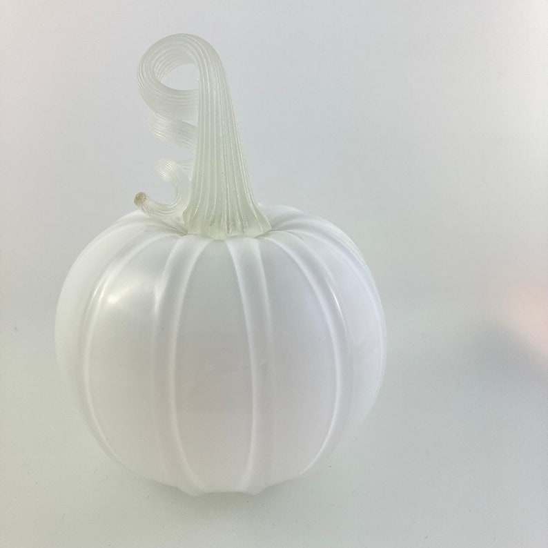 Ghost Pumpkin, White Blown Glass Gourd, Stem Glows in the Dark, Perfect Halloween decoration image 2