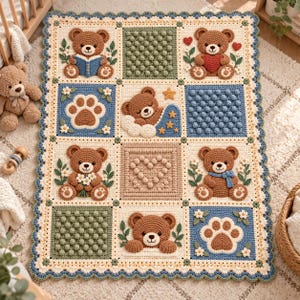 May include: A rectangular crochet baby blanket featuring a grid of squares with brown teddy bears, green and blue bobble stitch patterns, paw prints, and floral accents. The blanket has a scalloped cream border with blue and green detailing.