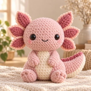 Peut inclure: Une peluche axolotl au crochet avec un corps rose clair, un ventre crème, des yeux noirs et un petit sourire brodé. La créature possède de grandes branchies externes texturées rose et rose foncé de chaque côté de la tête et une queue.