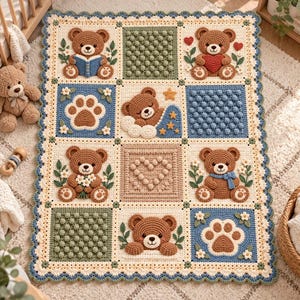 Teddy Bear Crochet Blanket Pattern PDF, Storybook Patchwork Baby Blanket with Bear Appliques, Paw Squares and Scalloped Border