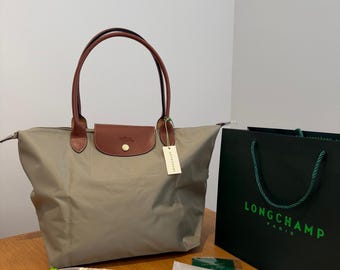 Longchamp Le Pliage Stor Tote: Pebble Nylon med Läderhandtag (Ny med Etiketter)
