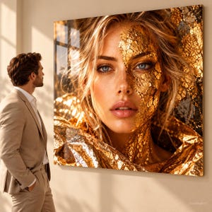 Peut inclure: Une grande impression d'art murale carr&eacute;e repr&eacute;sentant le portrait en gros plan d'une personne aux cheveux blonds et aux yeux bleus, avec une partie du visage et du cou recouverte de feuilles d'or textur&eacute;es sur un mur.