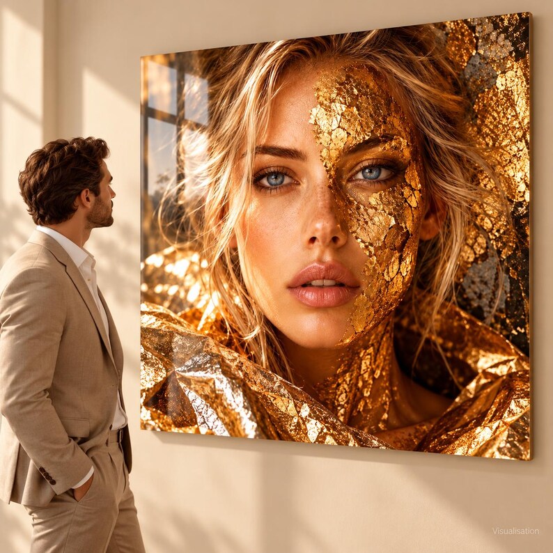 Peut inclure: Une grande impression d'art murale carr&eacute;e repr&eacute;sentant le portrait en gros plan d'une personne aux cheveux blonds et aux yeux bleus, avec une partie du visage et du cou recouverte de feuilles d'or textur&eacute;es sur un mur.