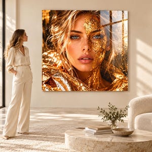 Peut inclure: Une grande impression d'art mural carr&eacute;e repr&eacute;sentant le portrait en gros plan d'une personne aux yeux bleus et aux cheveux blonds, avec une texture de feuille d'or appliqu&eacute;e sur un c&ocirc;t&eacute; du visage et du cou, sur un fond chaud et lumineux.