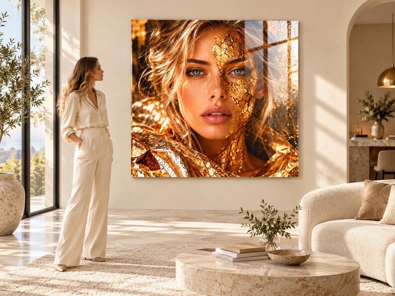 Peut inclure: Une grande impression d'art mural carr&eacute;e repr&eacute;sentant le portrait en gros plan d'une personne aux yeux bleus et aux cheveux blonds, avec une texture de feuille d'or appliqu&eacute;e sur un c&ocirc;t&eacute; du visage et du cou, sur un fond chaud et lumineux.