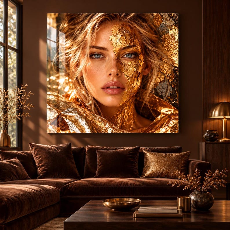 Peut inclure: Une impression murale carr&eacute;e repr&eacute;sentant le portrait d'une personne aux cheveux blonds et aux yeux bleus, avec une texture de feuille d'or appliqu&eacute;e sur un c&ocirc;t&eacute; du visage et du cou, sur un fond sombre avec un &eacute;clairage chaud.