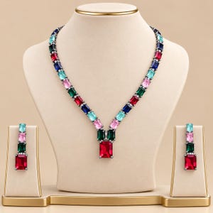 Multi-Color & Monochromatic Gemstone Tennis Necklace with Drop Earrings
