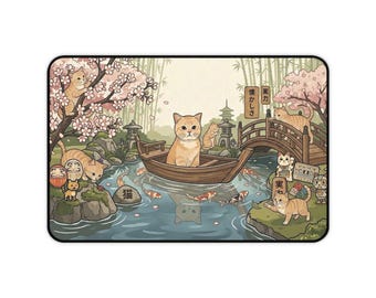 Kawaii Orange Cat Mousepad | Sakura Japanese Garden Desk Mat