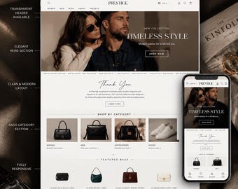 May include: A digital website layout for a Shopify theme named Prestige, featuring a hero section with a couple, a shop by category section with handbags and shoes, and a mobile phone display showing the same responsive design interface.