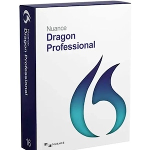 May include: A white rectangular software box for Nuance Dragon Professional version 16. The front features the text Nuance Dragon Professional and a large blue and teal flame-like graphic. The dark blue side panel displays the product name and number 16.