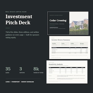 Könnte beinhalten: Eine digitale Investment-Pitch-Deck-Vorlage mit fünfunddreißig Folien in drei Ausgaben. Das Layout enthält Textüberschriften, Finanztabellen, Zusammenfassungen der Anlegerrenditen, Sensitivitätsanalysen und ein Immobilienbild.