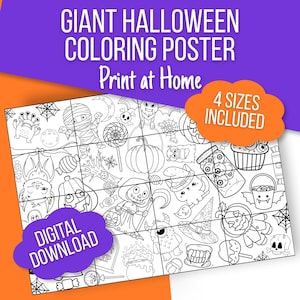 May include: A black and white Halloween coloring poster featuring line art of a mummy, pumpkins, bats, a witch hat, a jar of eyeballs, and candy. The text reads GIANT HALLOWEEN COLORING POSTER, Print at Home, 4 SIZES INCLUDED, and DIGITAL DOWNLOAD.