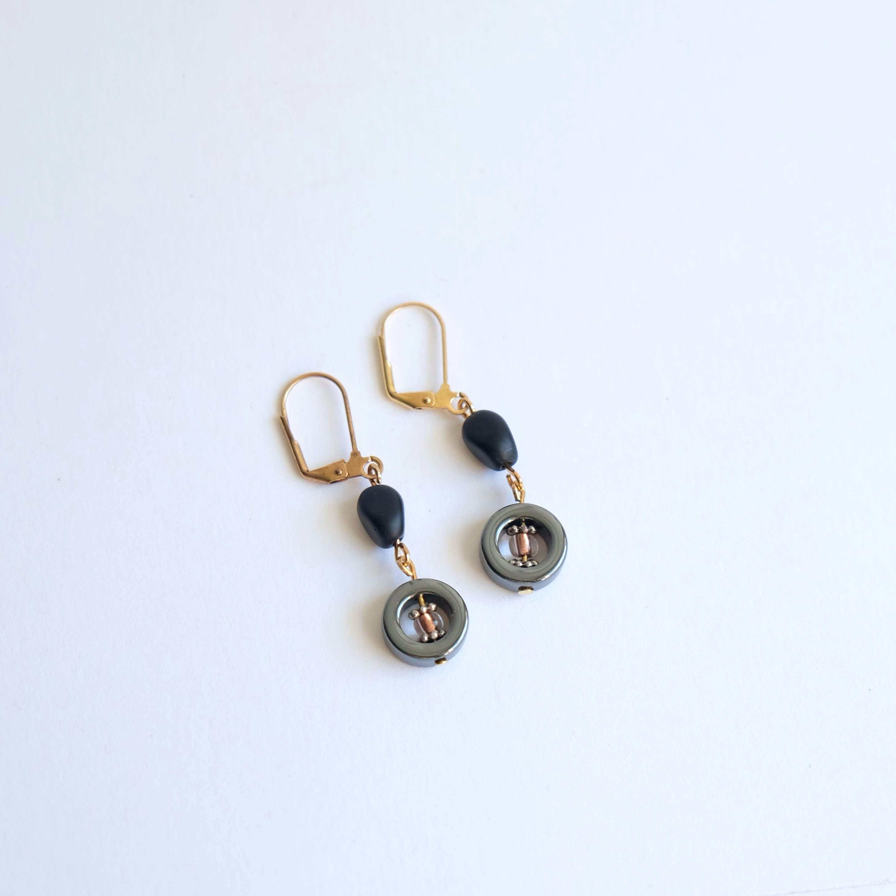Matte Black Glass Beaded Earrings with Hematite Ring Bead Etsy