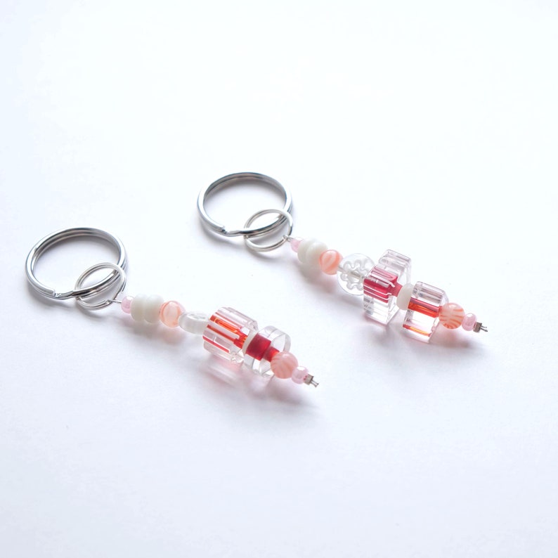 Candy Themed Red and White Beaded Keychain Metallic Pink Clear Glass
