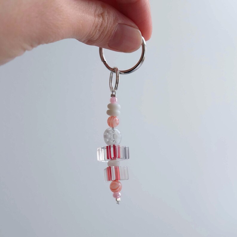Candy Themed Red and White Beaded Keychain Metallic Pink Clear Glass