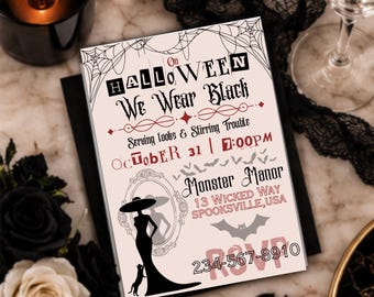Einladung zum Halloween-Mädelsabend | Bearbeitbare Party-Einladung | Halloween-Party in Schwarz | Halloween-Cocktailparty | Digitale Canva-Vorlage
