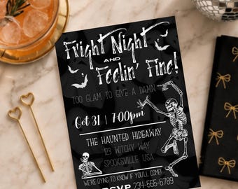 Bearbeitbare Halloween-Party-Einladung, Tanzende Skelette, Gruselige Soirée (Digitaler Download)