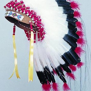 Può includere: Un copricapo di piume bianche e nere con accenti rossi. Il copricapo ha una fascia di cuoio con perline colorate e lacci gialli.