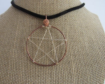 Pentagram Copper/Silver Wire Necklace Leather Pentagram Amulet Jewelry Handcrafted N3091