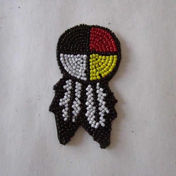 1.5" Glass Beaded Rosette  Medicine Wheel 4 Direction w/feathers Tribal Regalia Beadwork Craft