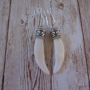 Coyote Tooth Earrings, Tibetan Silver, Bone Spirit Animal Jewelry