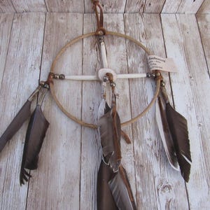 6" Navajo Medicine Wheel Buckskin Leather & Feathers Handmade Good Dreams w/COA