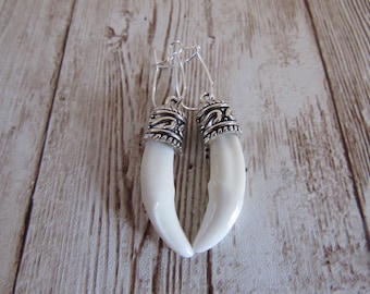 Fox Teeth Earrings Tibetan Silver Animal Bone Spirit Animal Jewelry  (Vulpes vulpes fulva)