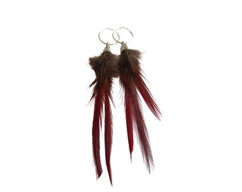 Red Top Pheasant Feather Earrings Silver Hoop Boho Jewelry E424